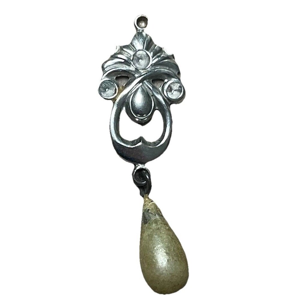 Vintage Silver Tone Ornate Faux Pearl Teardrop Pendant Victorian Style AS IS